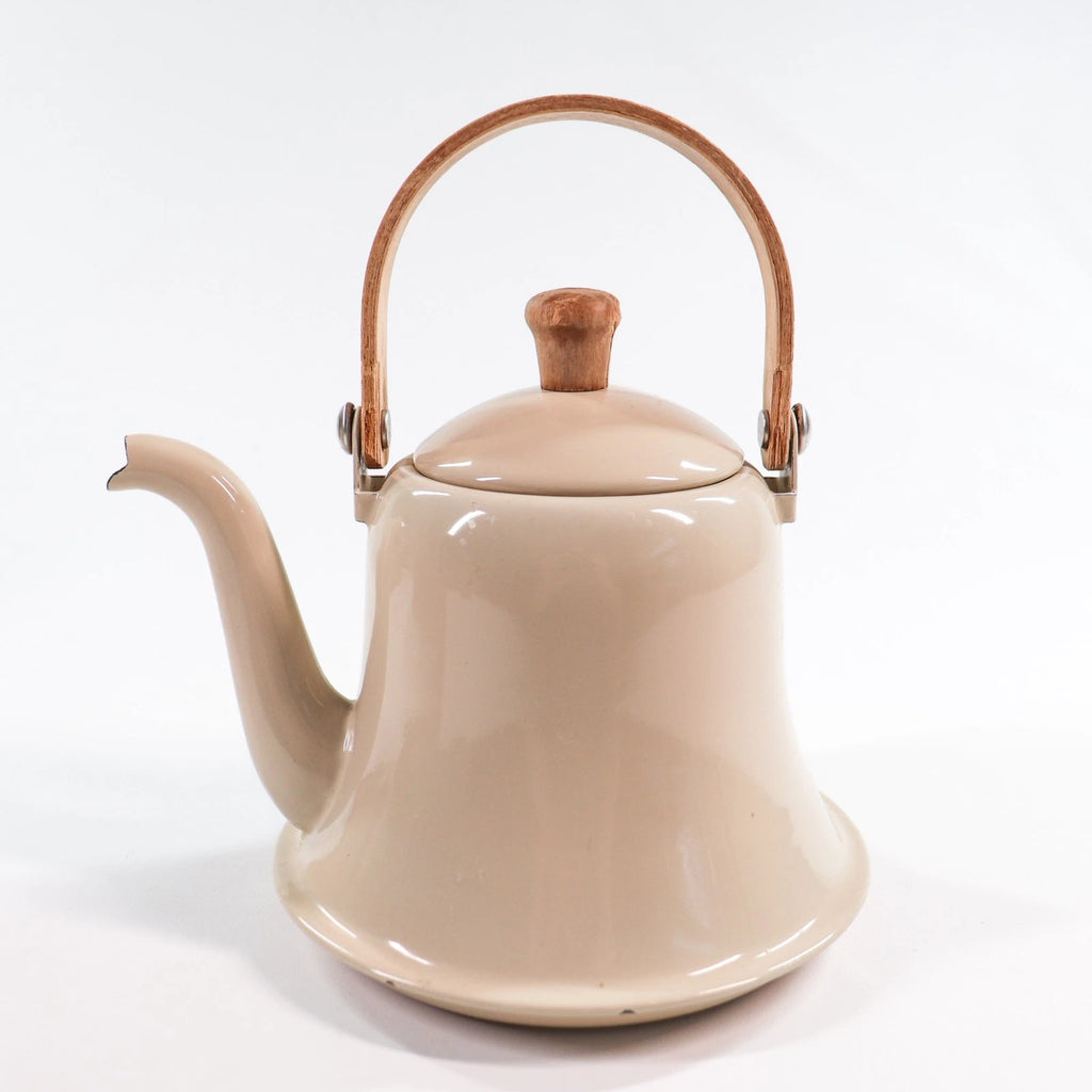 Vtg French Enamel Bell Tea Kettle Pot Teapot Cream Wood Handle Metal Enamelware | eBay