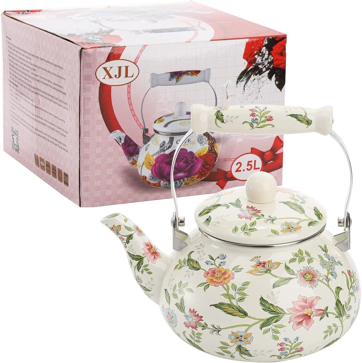 2.6 Quart Vintage Enamel Tea Kettle, Green Floral Enamel on Steel Teapot with Co