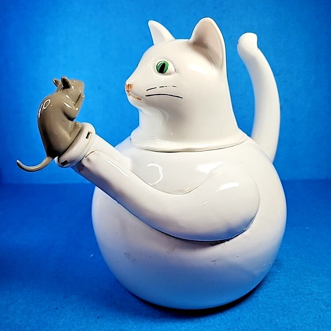 Vtg Enamelware Teapot Cat Mouse Whistling Tea Kettle White Tail Handle Enamel | eBay