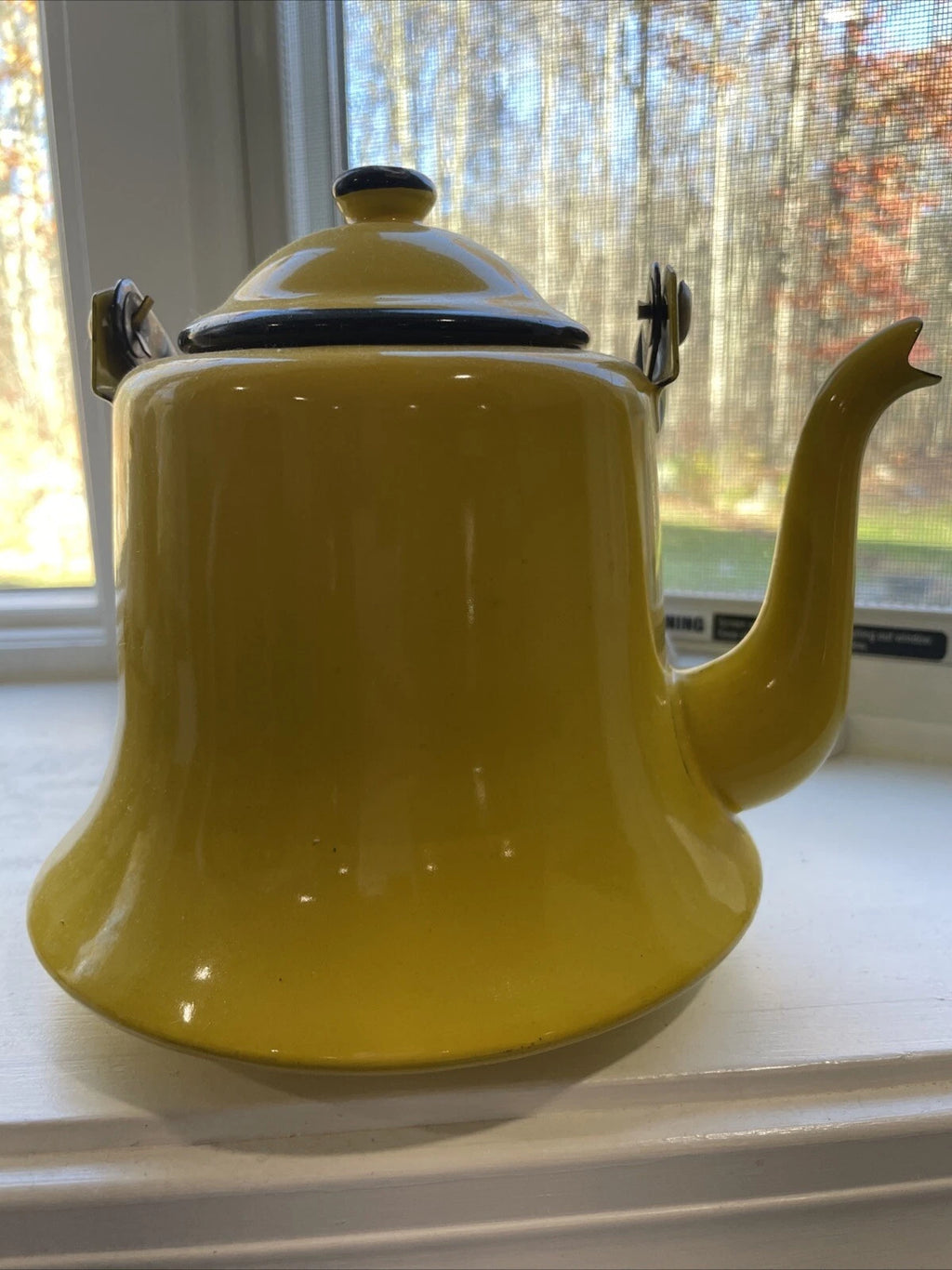 Vintage Enamelware Yellow With Black Trim Tea Pot Kettle Japan