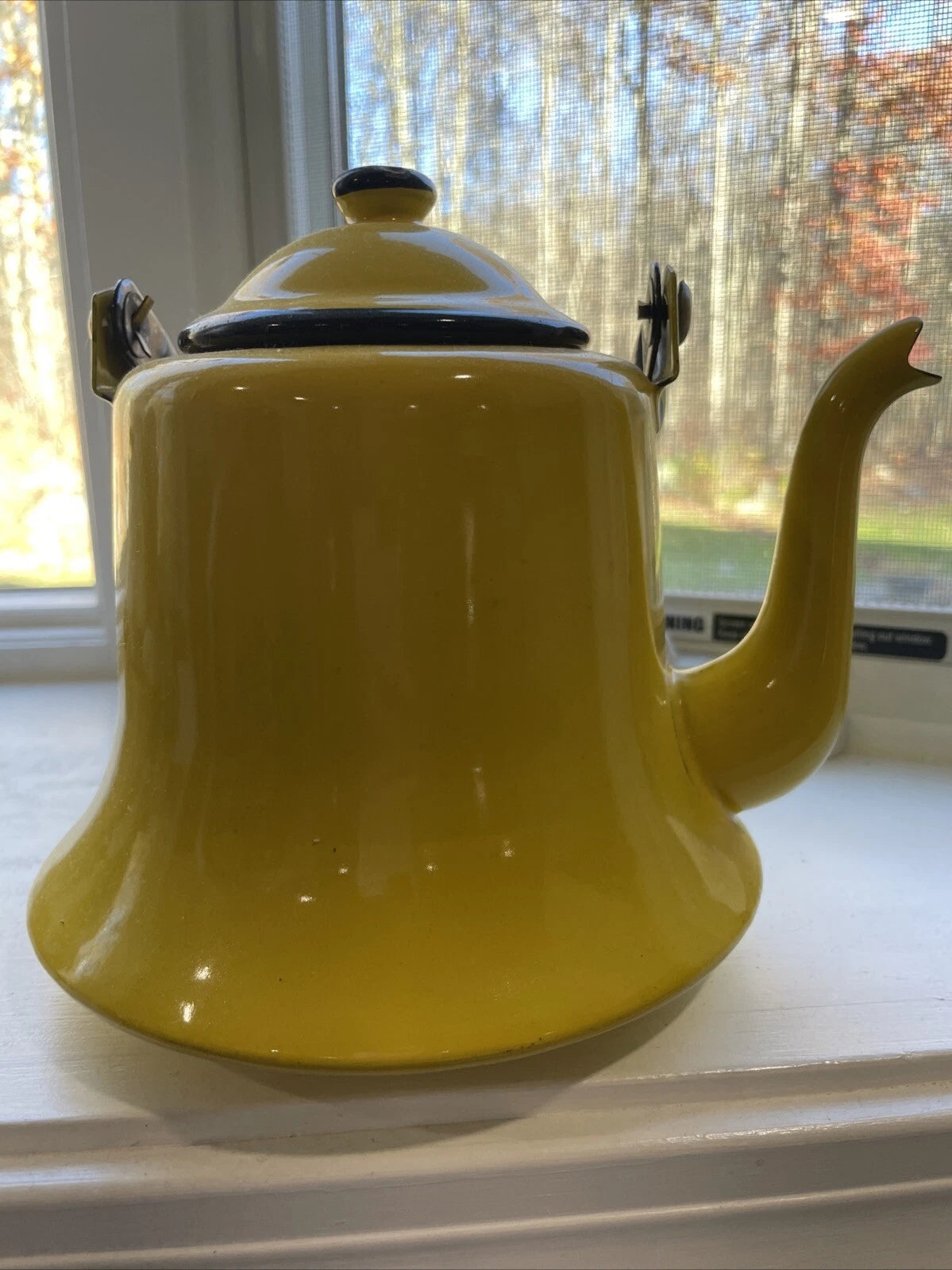 Vintage Enamelware Yellow With Black Trim Tea Pot Kettle Japan