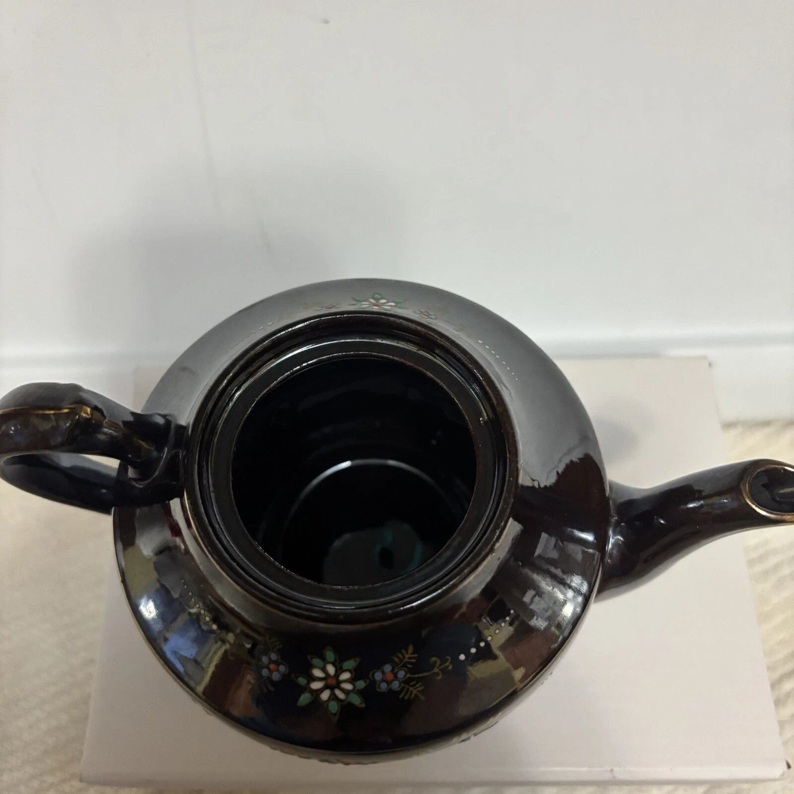 Vintage Japanese Redware Teapot Brown Betty Moriage Enamel Hand Painted Art Deco
