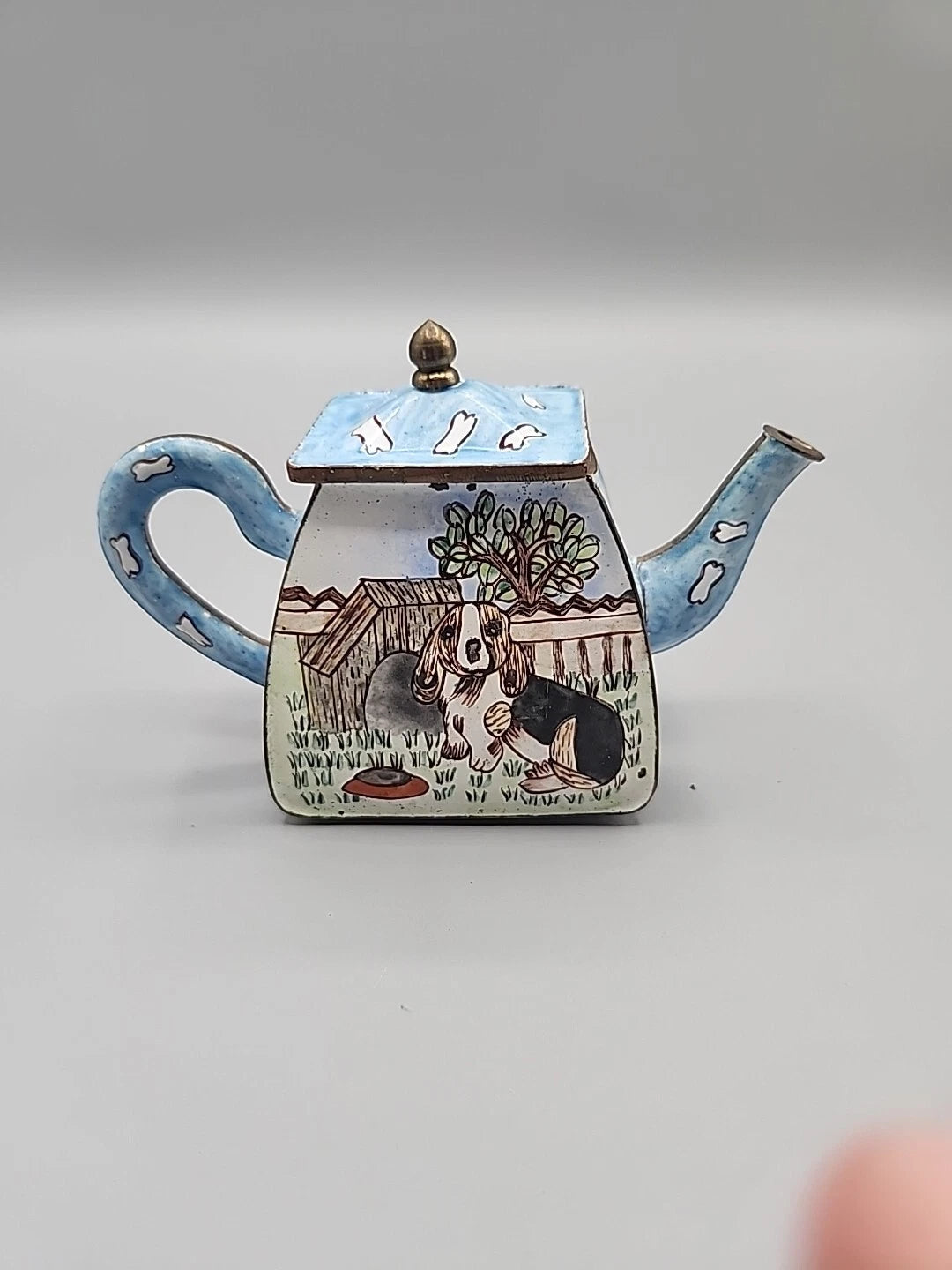 Vintage Enamel on Brass Miniature Teapot Hound Dog Bone Dog Lover Rescue 5x2"