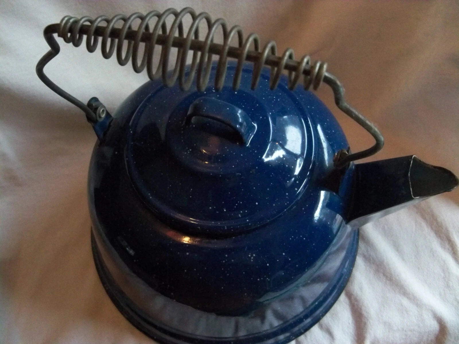 Vtg Blue White Speckled Enamelware Teapot kettle, wire wrap handle, from auction