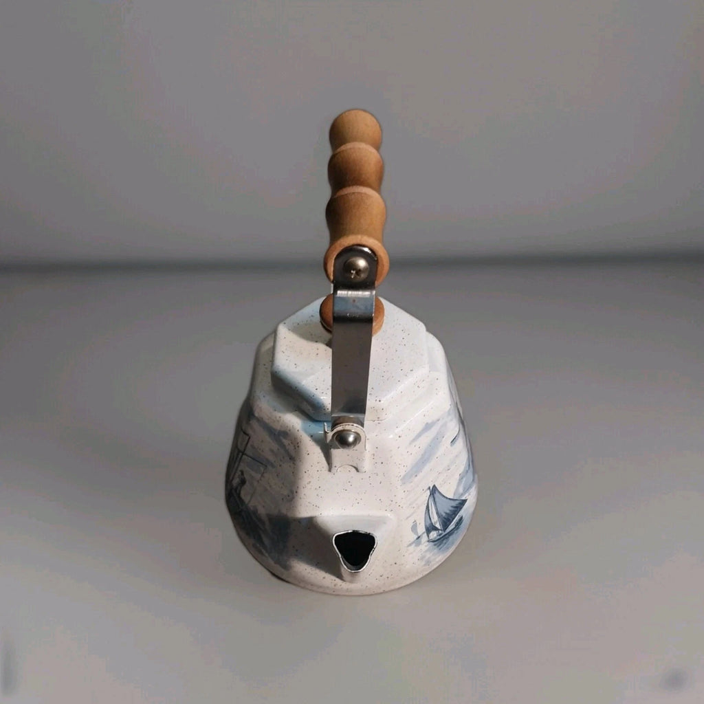 Vintage Enamel Teapot, Blue White Coastal Chinoiserie, Delft Style Wooden Handle