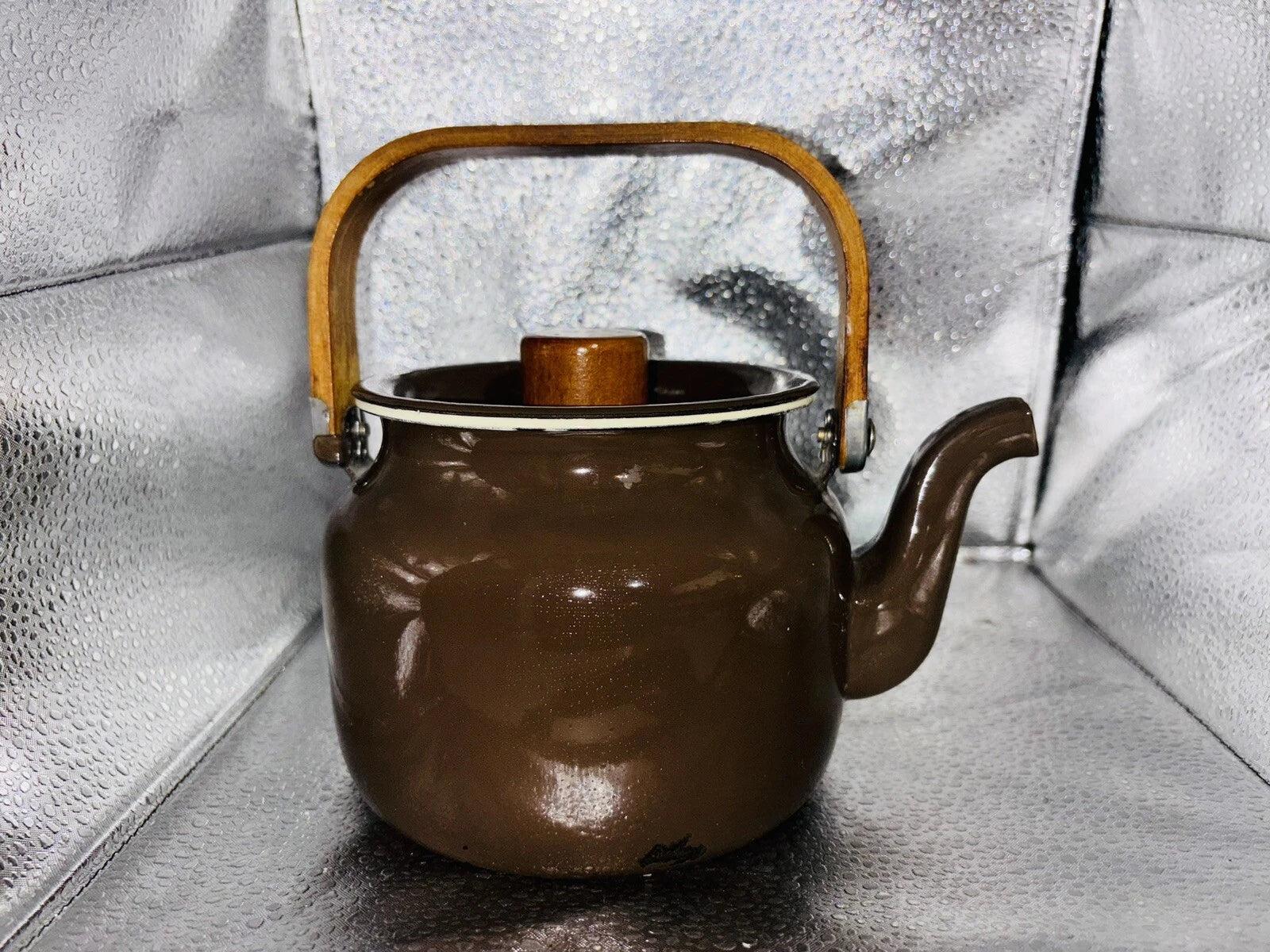 Vintage Small Brown  Enamelware Tea Pot Kettle Wood Handle 6.5" x 4.75"