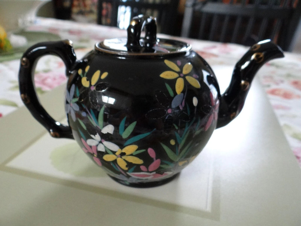 Vintage Black Tea Pot Hand Painted Enameled Flowers England Red Clay | eBay