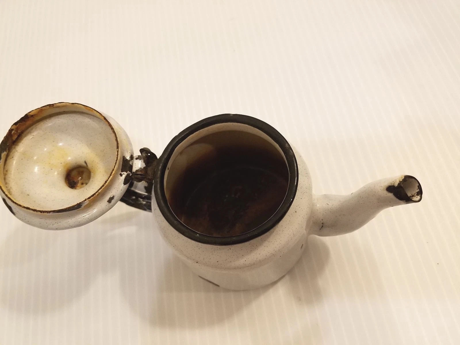 White with Speckles Small Individual Service Size Enamel Tea Pot, Black Handle