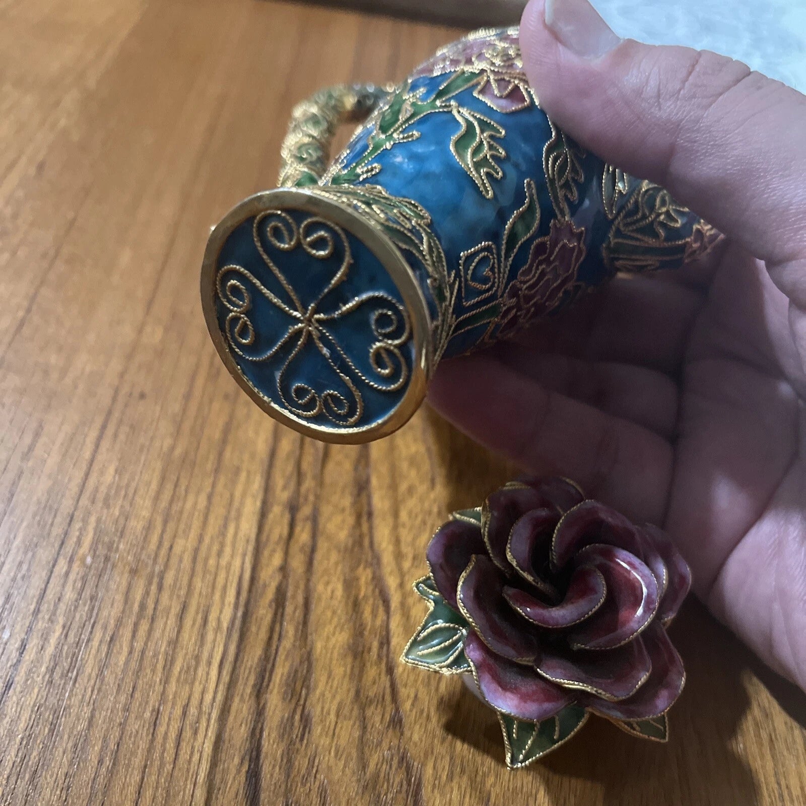 Miniature Floral Enamel Cloisonne Teapot Red Green Gold Rose Design Lid