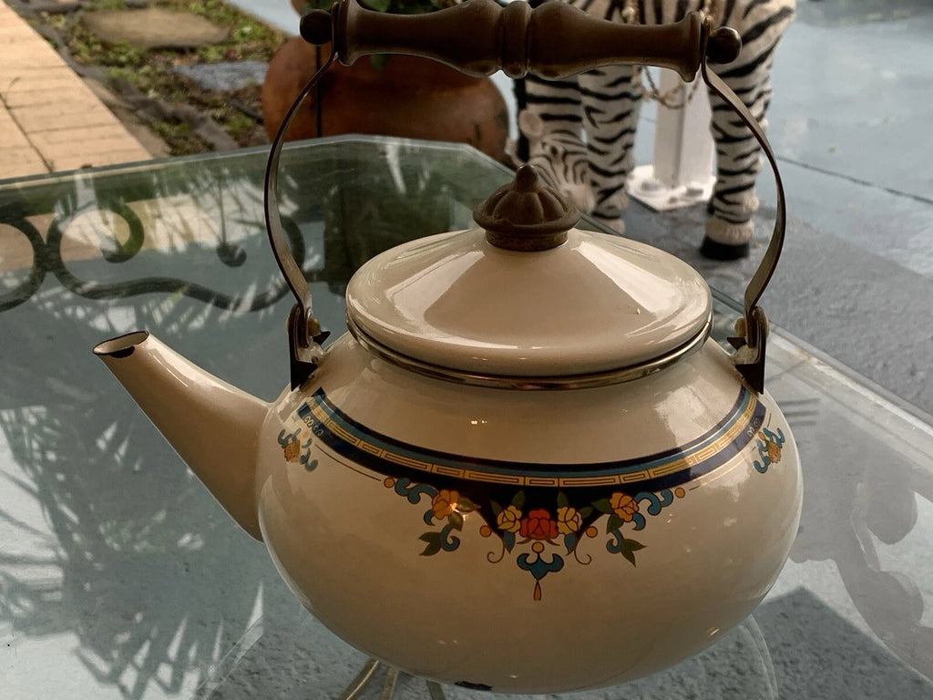 Vintage Lincoware Off White Enamel Metal Flower Motif Teapot Kettle Brass Handle