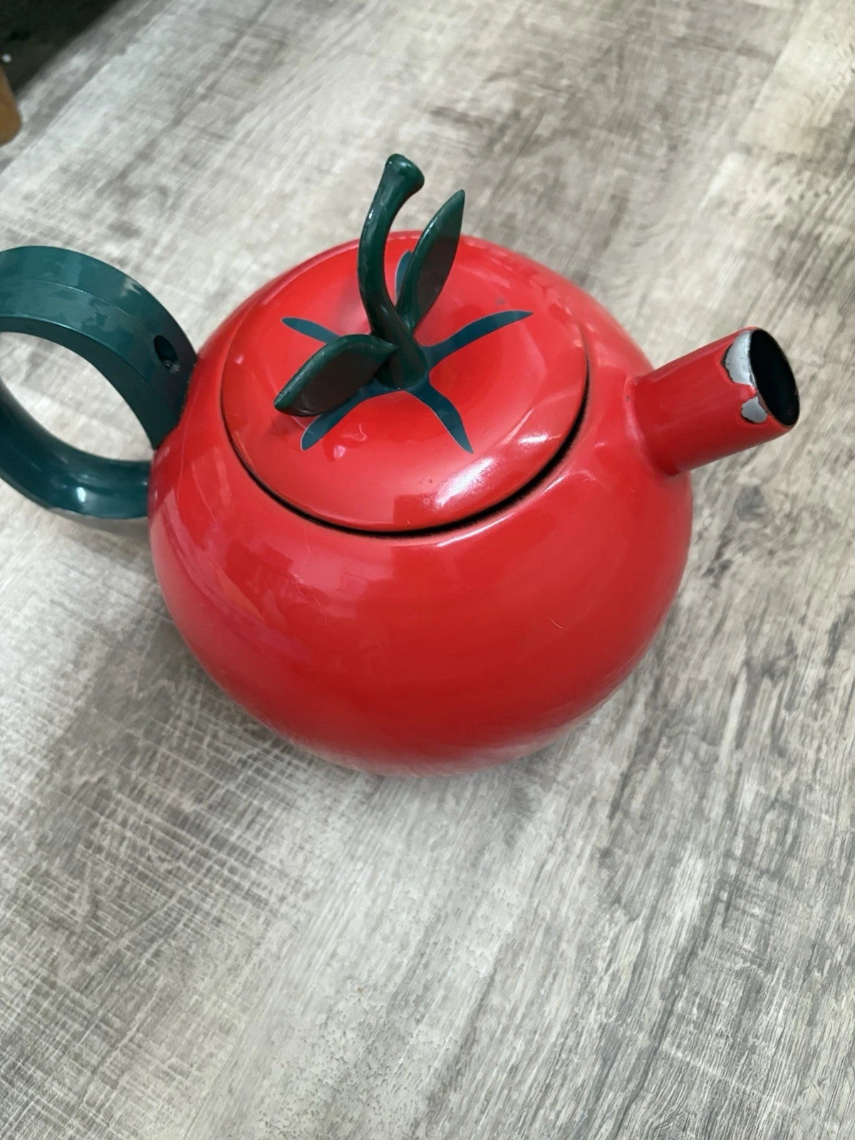 Vintage Copco Red Enamel Tomato Teapot/ Kettle With Green Leaf And Stem