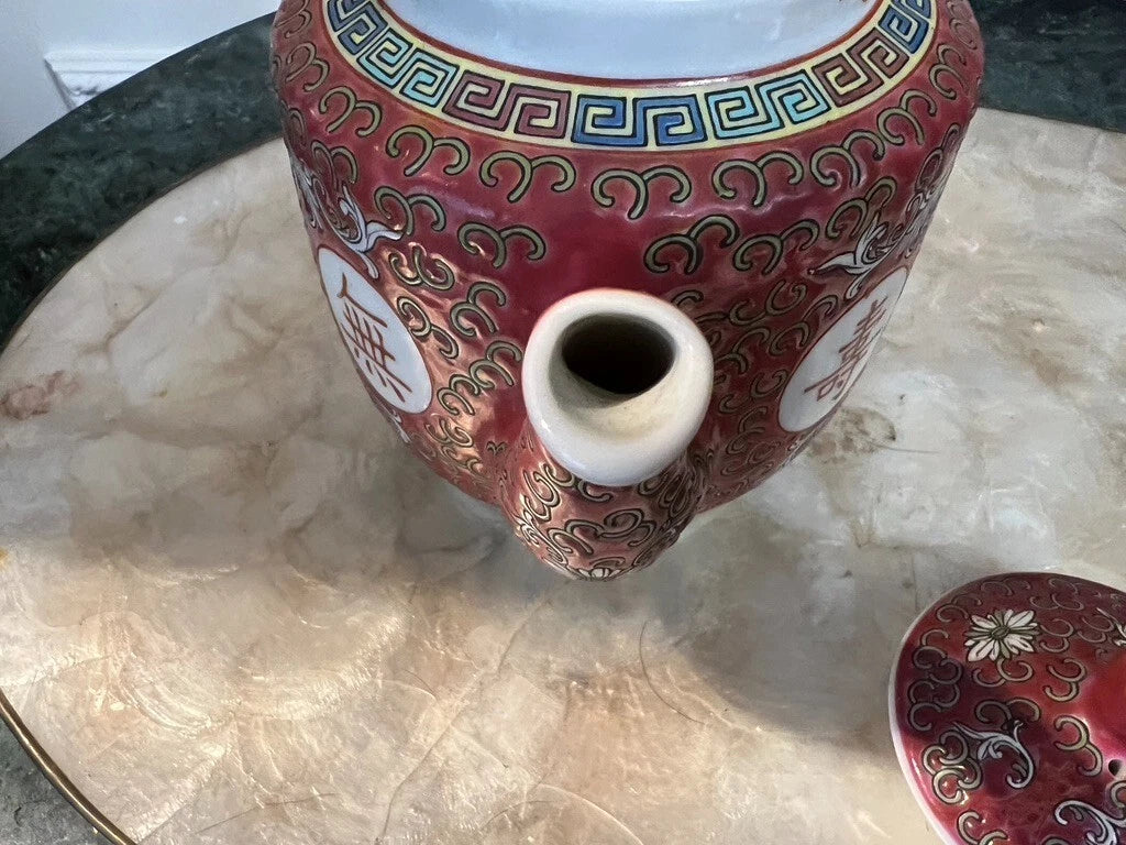 Vintage Jing De Zhen Red Enamel Famille Rose Porcelain 4 Cup Teapot