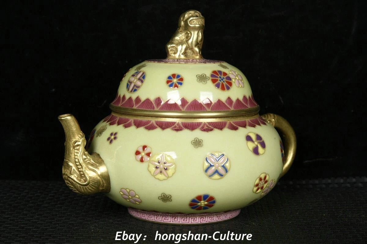 Old Qing Enamel Colour Porcelain Gold Foo Fu Dog Lion Elephant Teapot Teakettle
