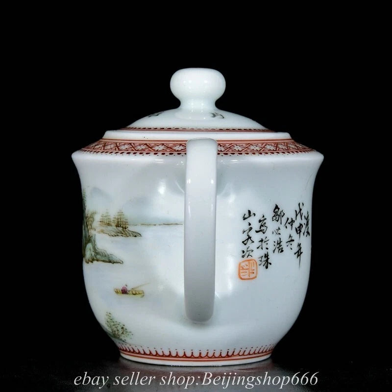 6" Old Chinese Enamel Porcelain Dynasty Landscape Mountain Tree Tea Pot Kettle