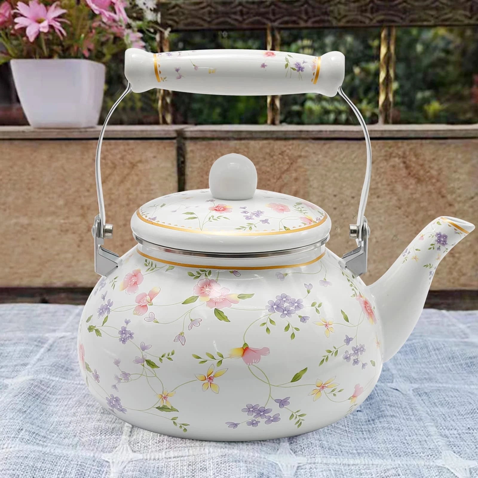 Enamel Teakettle Floral Teapot for Stovetop, 2.5L Large Green Floral Tea Kett...
