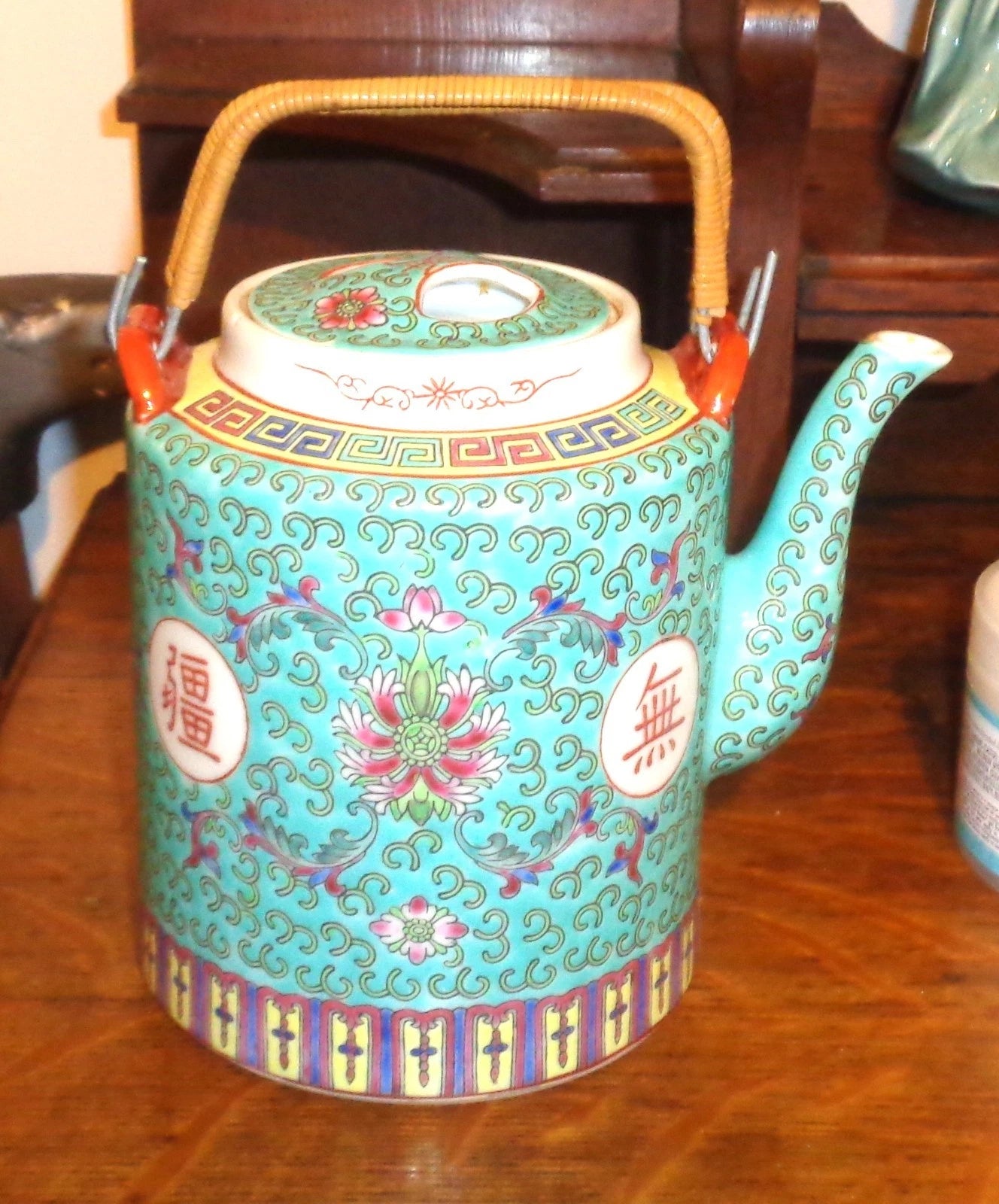 Vtg Chinese Porcelain Famille Verde Enamel Floral Motif Teapot, 6 1/2" W/O Handl