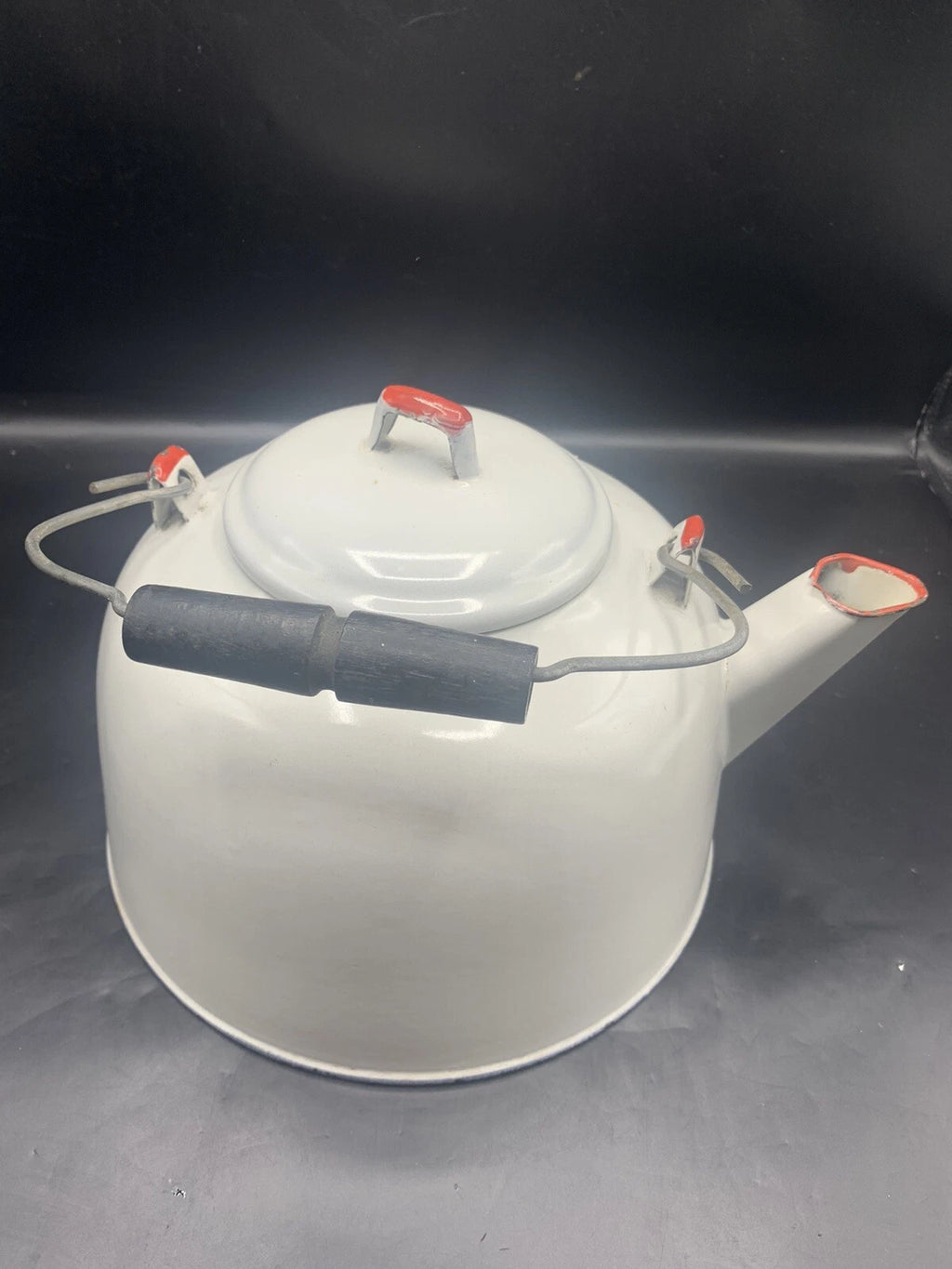 Vintage Large White Red Enamel TeaPot Water Kettle Wood Handle 9” Bottom | eBay