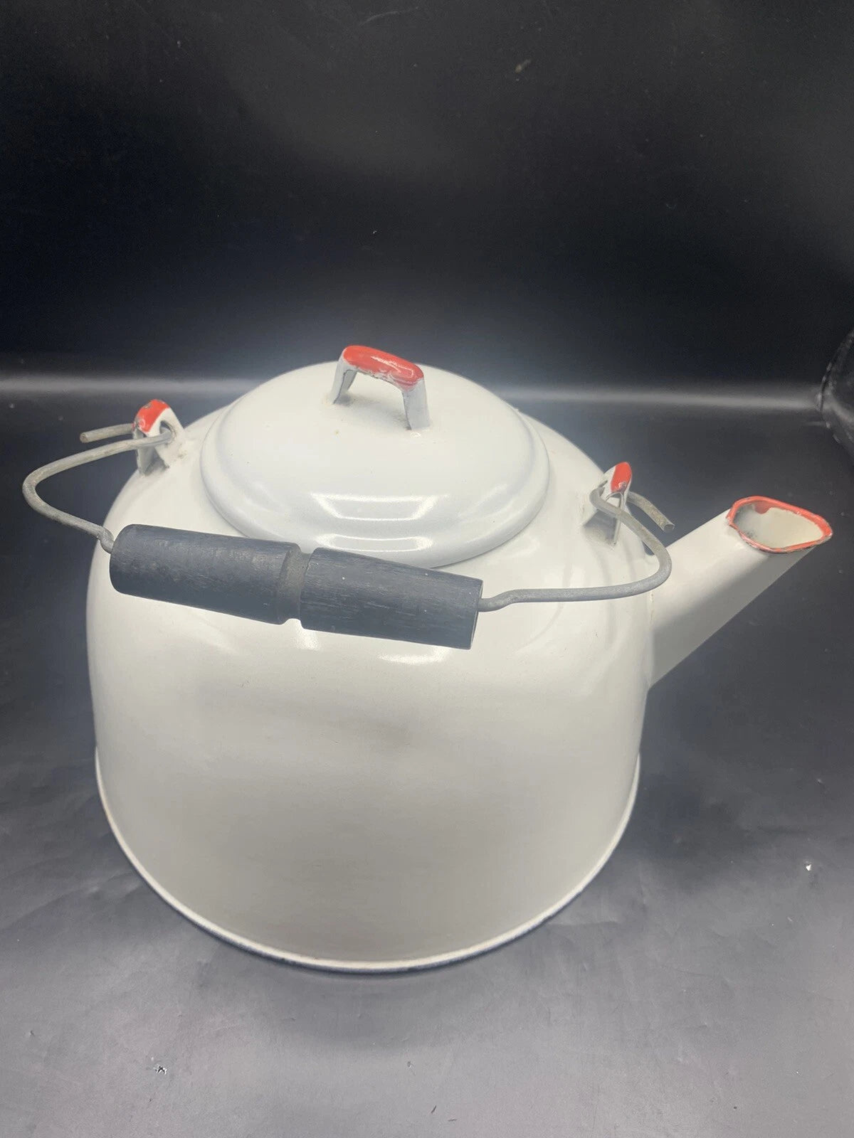 Vintage Large White Red Enamel TeaPot Water Kettle Wood Handle 9” Bottom | eBay