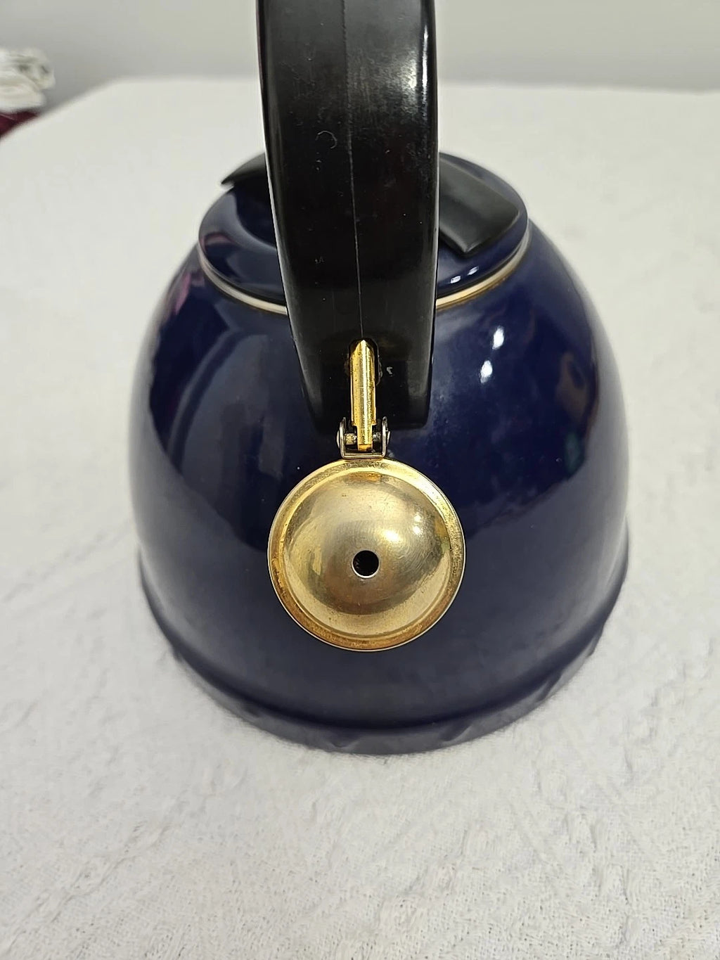 Vintage Dark Blue Enamelware Tea Pot Whistle Spout Brewing Classic