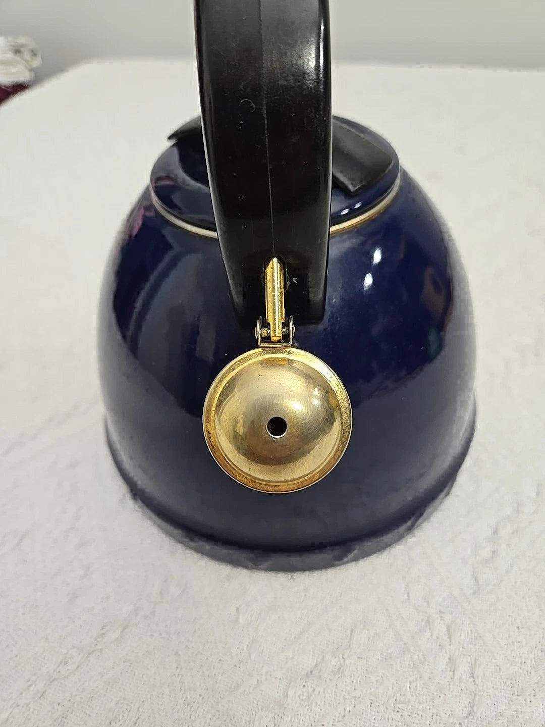 Vintage Dark Blue Enamelware Tea Pot Whistle Spout Brewing Classic