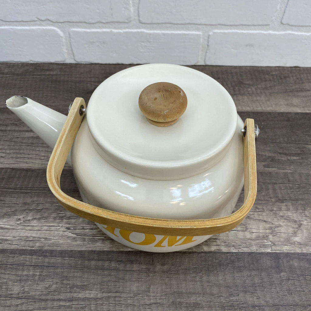Vintage Beige Enamel Ware Mom Tea Pot Kettle Wood Handle Retro MCM Mother’s Day