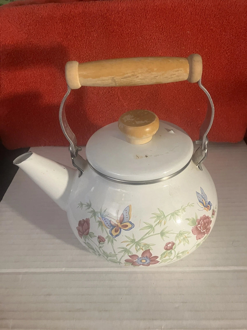 VTG Enamel White Tea Pot Kettle Wood Handle Spring Flowers & Butterflies DWK | eBay