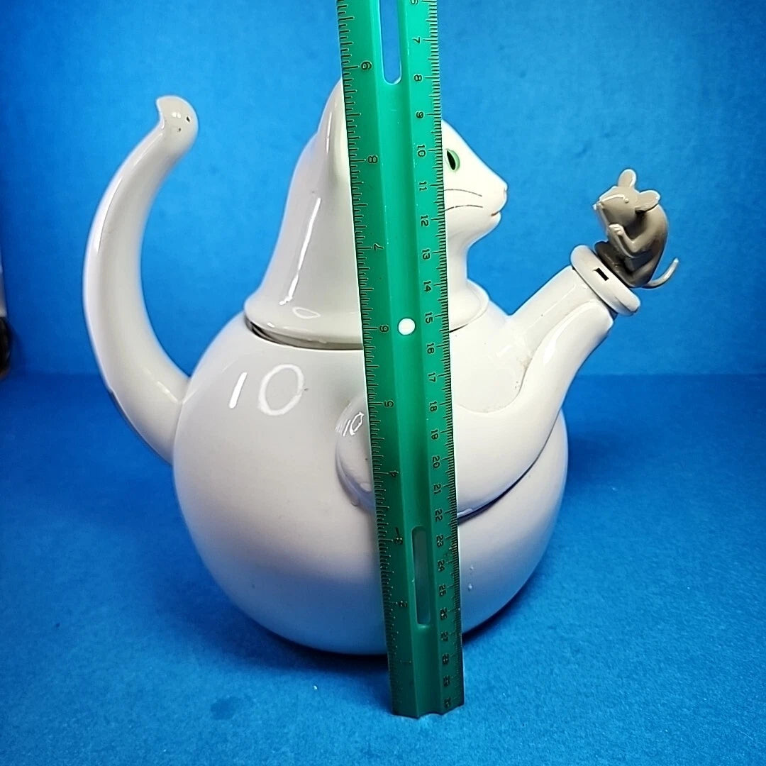 Vtg Enamelware Teapot Cat Mouse Whistling Tea Kettle White Tail Handle Enamel | eBay