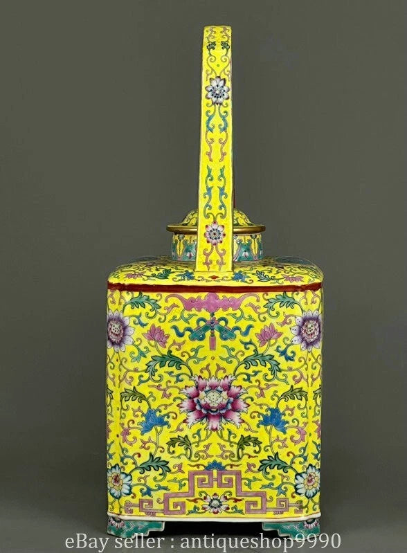 16.4" Yongzheng Marked Colour Enamel Porcelain Yellow Flower Wine Tea Pot Flagon