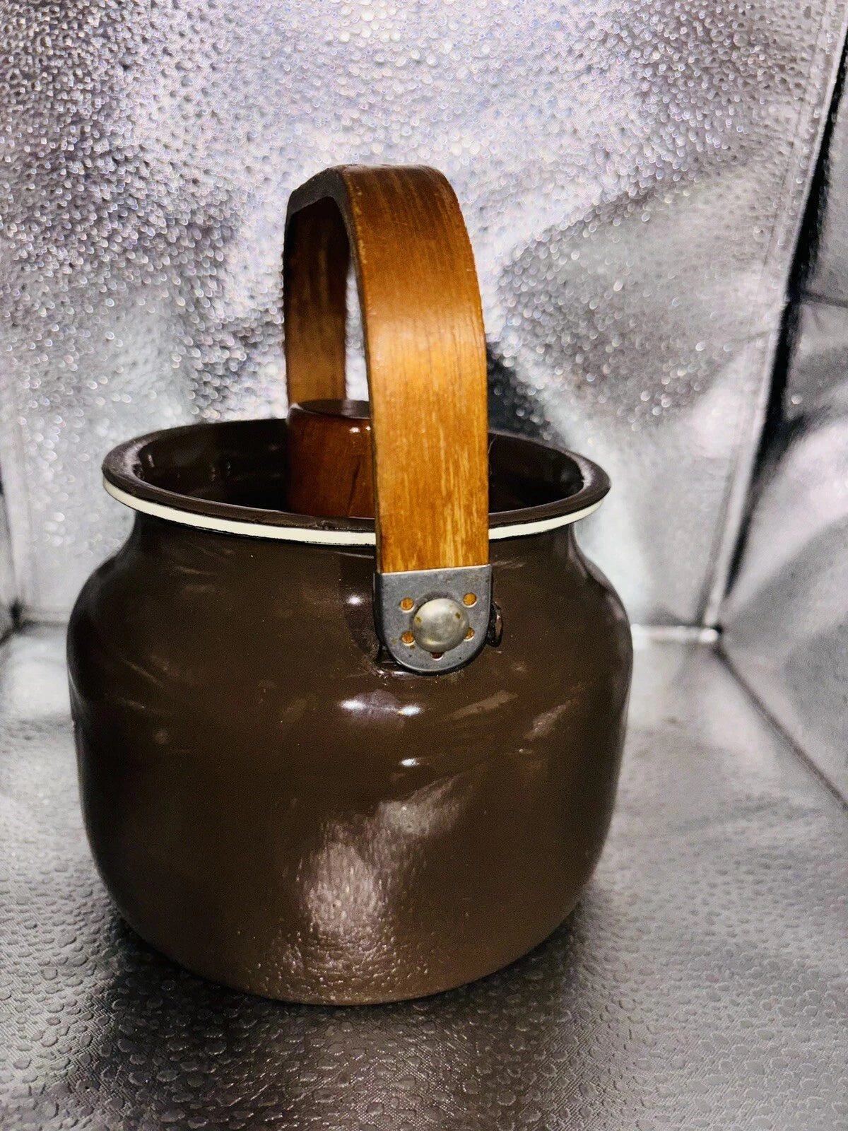 Vintage Small Brown  Enamelware Tea Pot Kettle Wood Handle 6.5" x 4.75"