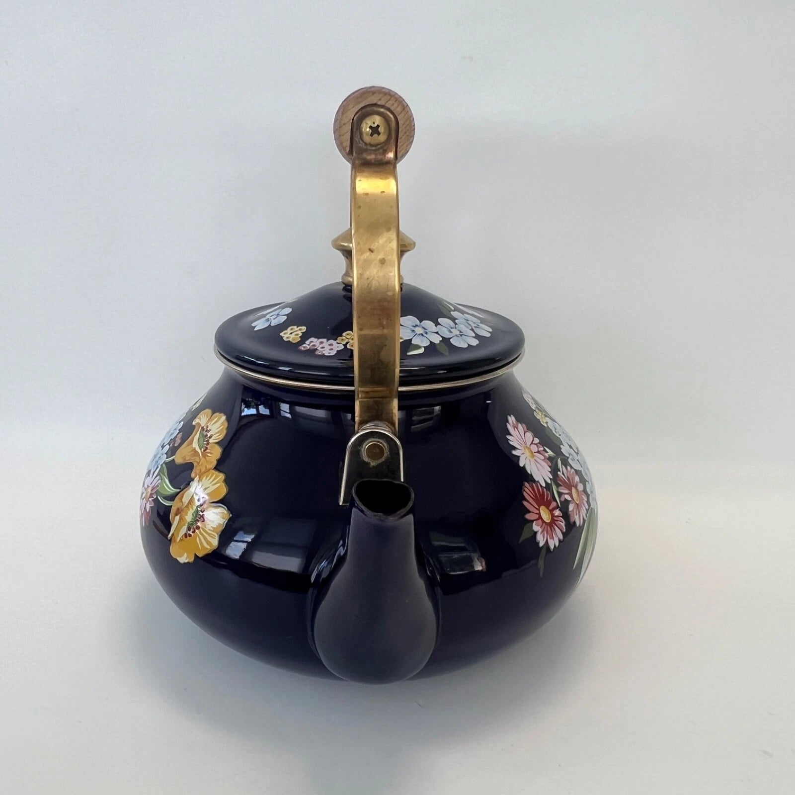 1983 GAILSTYN SUTTON "Flower Garden" Vintage Enamel Ware Cobalt Teapot Kettle