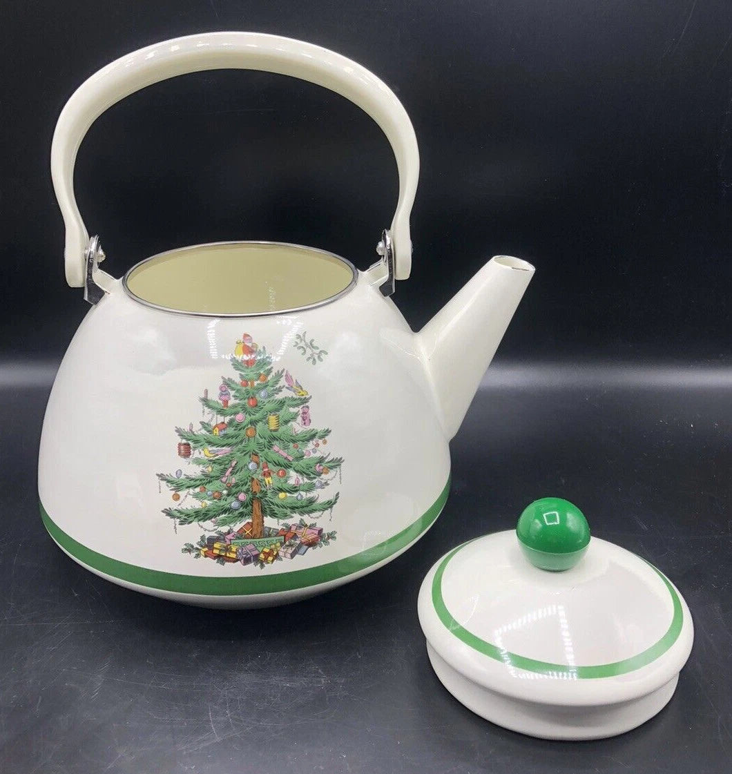 SPODE Christmas Tree Enamel On Steel Tea Kettle w Swing Handle Teapot Vtg