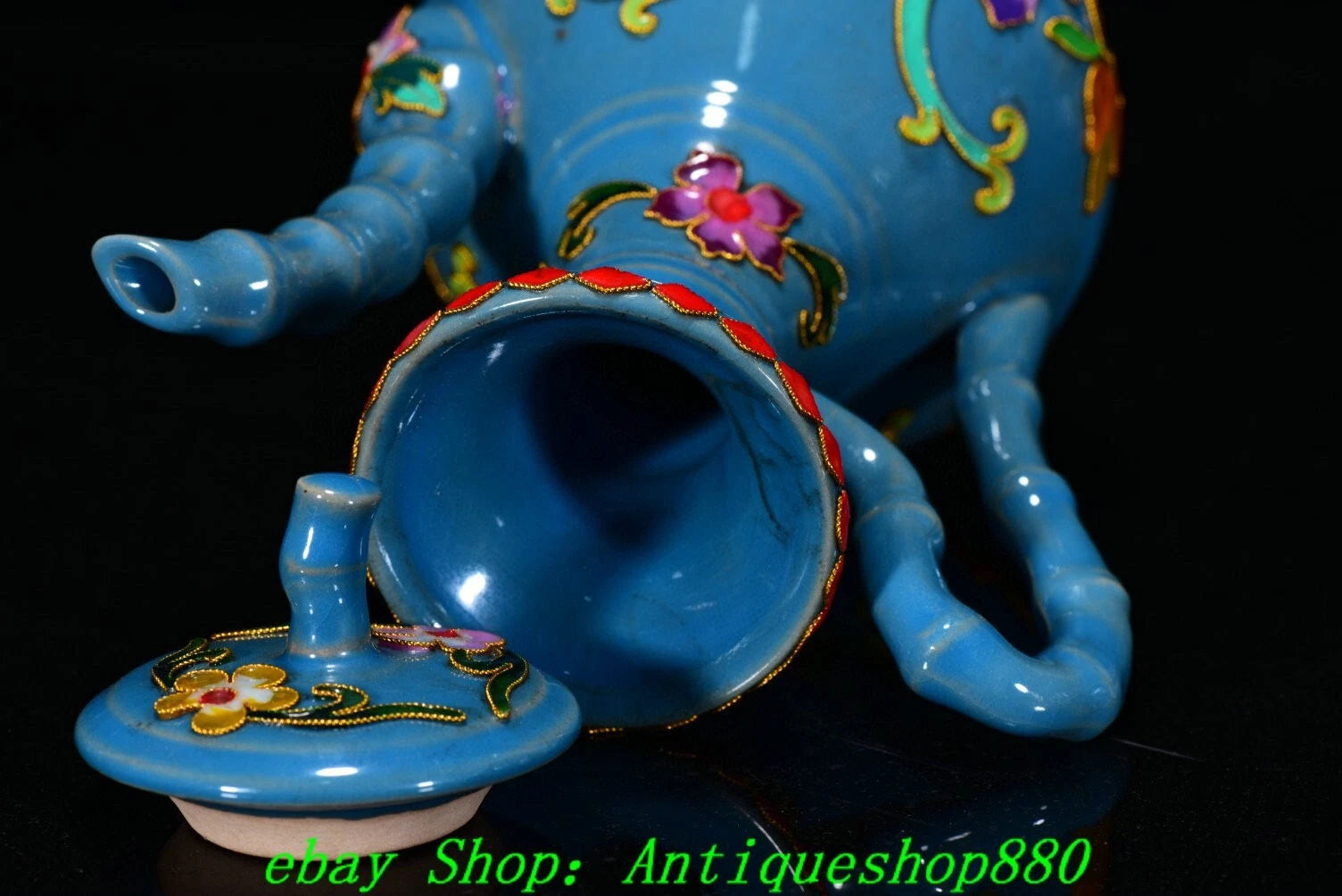 Old Dynasty Ru Kiln Porcelain Cloisonne Enamel Filigree Flower Teapot Teakettle