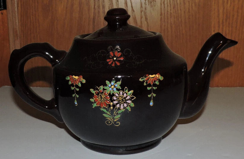 Vintage Large  Moriage Enamel Redware Ceramic Tea Pot- Hand Painted Japan