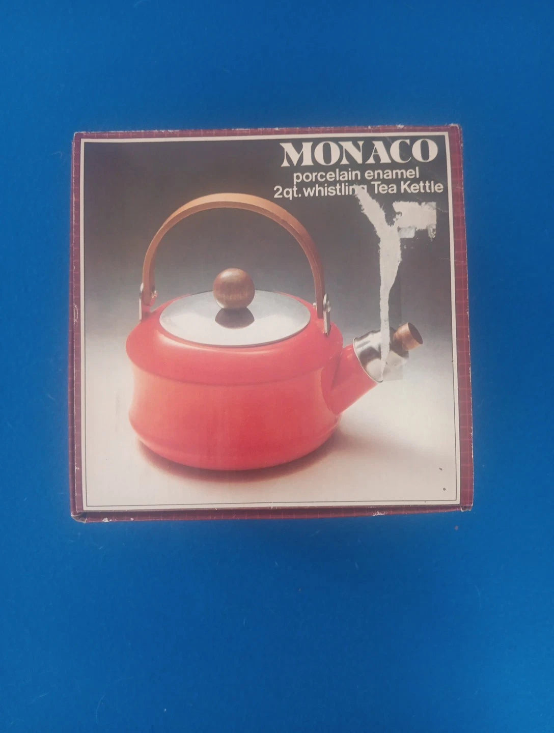 Retro Monaco Porcelain Enamel 2qt Whistling Red Tea Kettle  Vntg 1983 New In Box