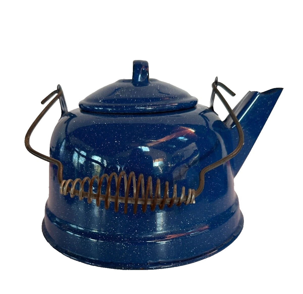 Vtg Blue w-White Speckled Enamelware Teapot Kettle w-Wire Wrap Coil Handle