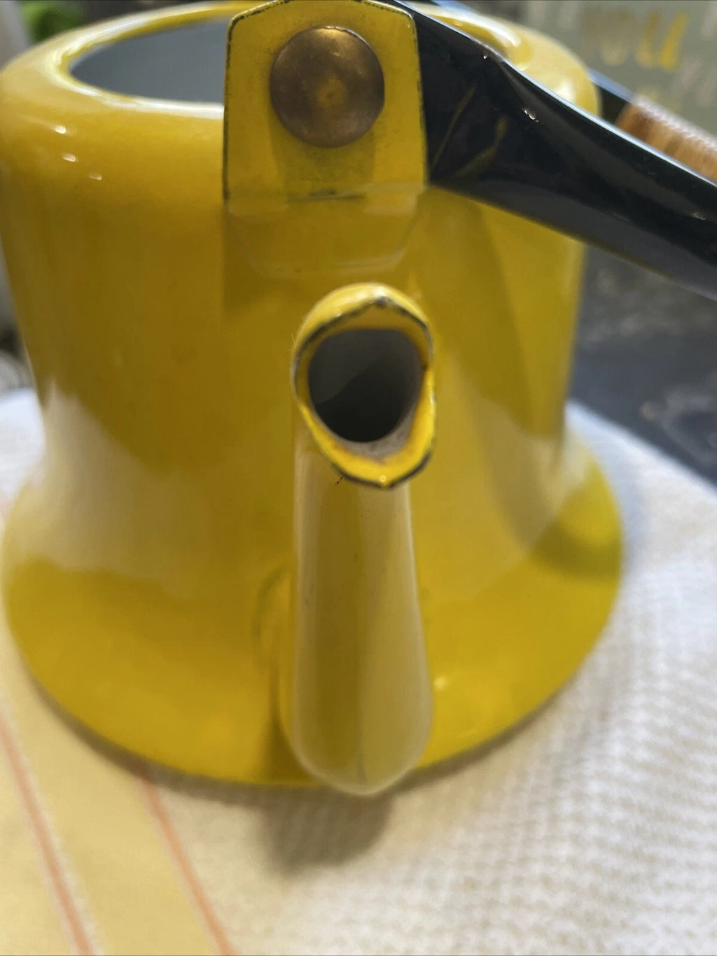 Vintage Enamelware Yellow With Black Trim Tea Pot Kettle Japan