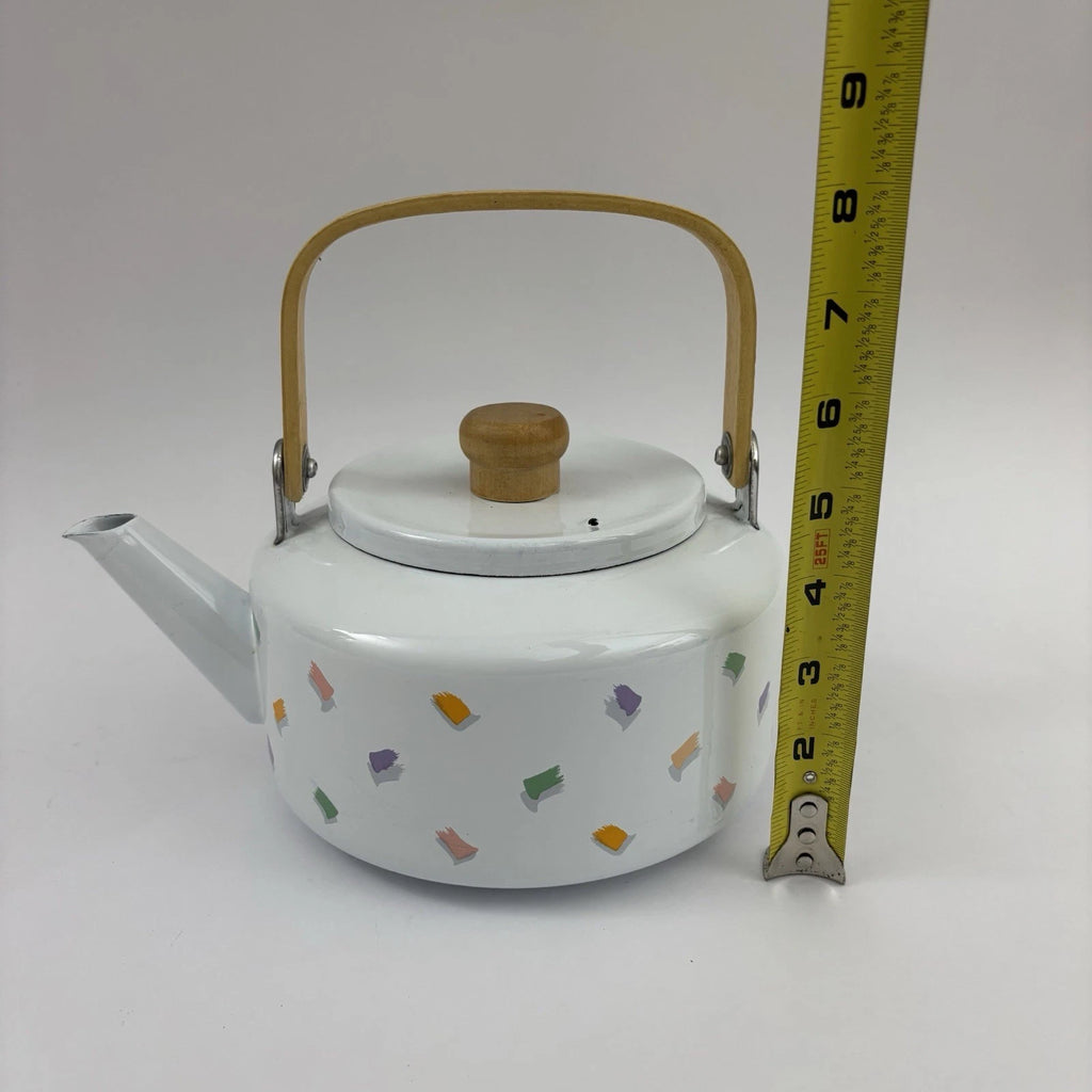 Vintage Enamel Teapot 90’s Confetti Design Wooden Handle Great Condition | eBay