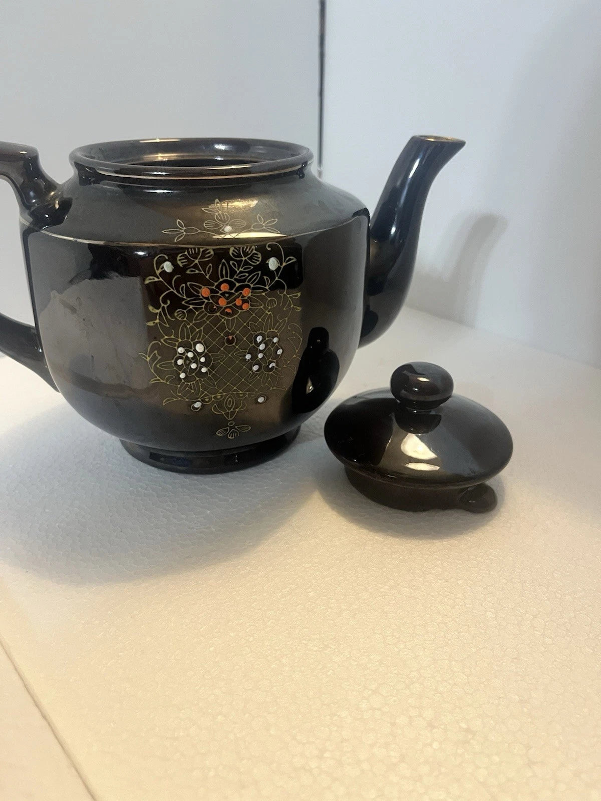 Vintage Japanese Teapot W/Lid Black & Gold Enamel Hand Painted 6 X 8.5 Teapot
