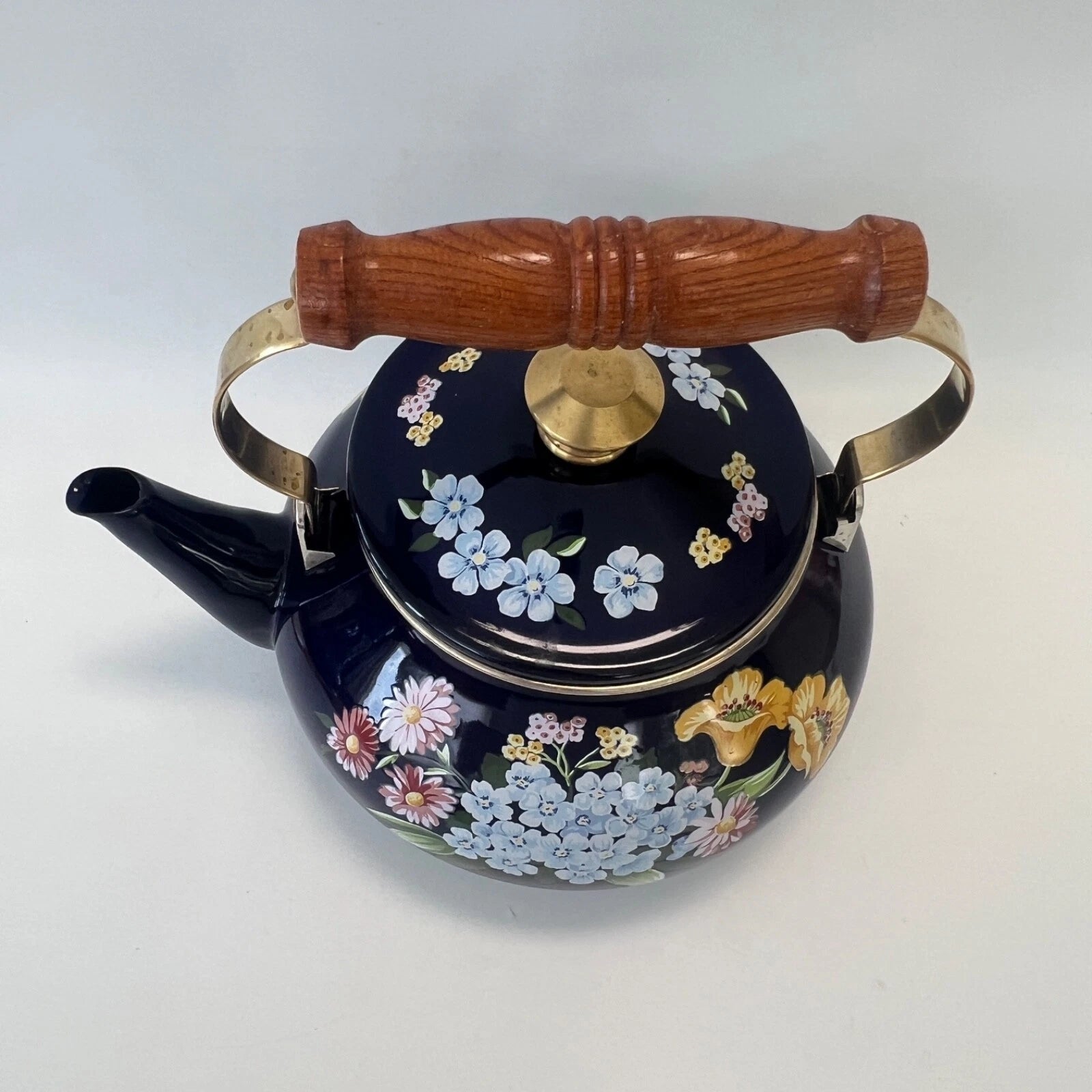 1983 GAILSTYN SUTTON "Flower Garden" Vintage Enamel Ware Cobalt Teapot Kettle