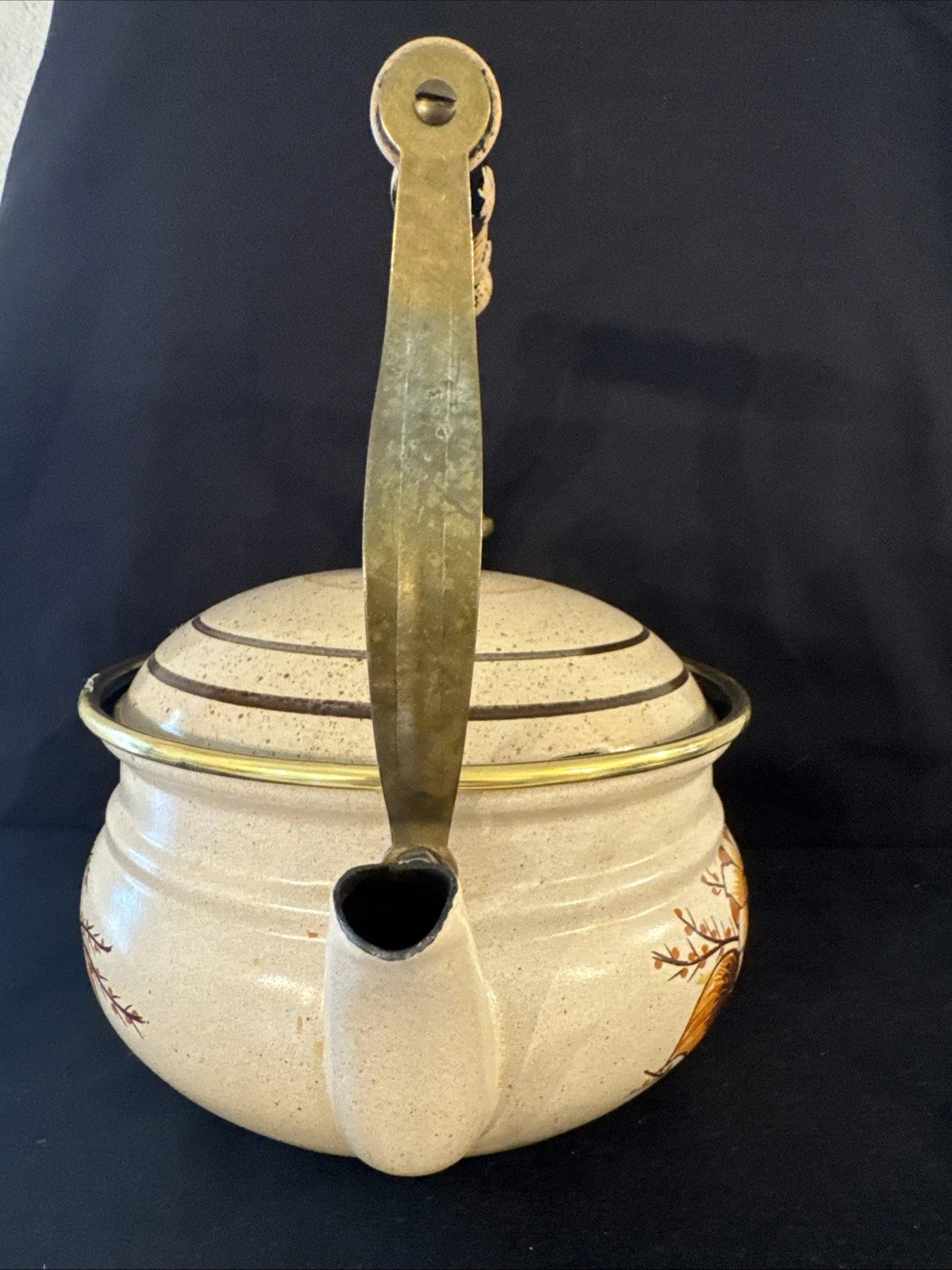 Vtg 80s ASTA Enamelware Tea Kettle Teapot Floral w/ Wood Brass Handle Germany