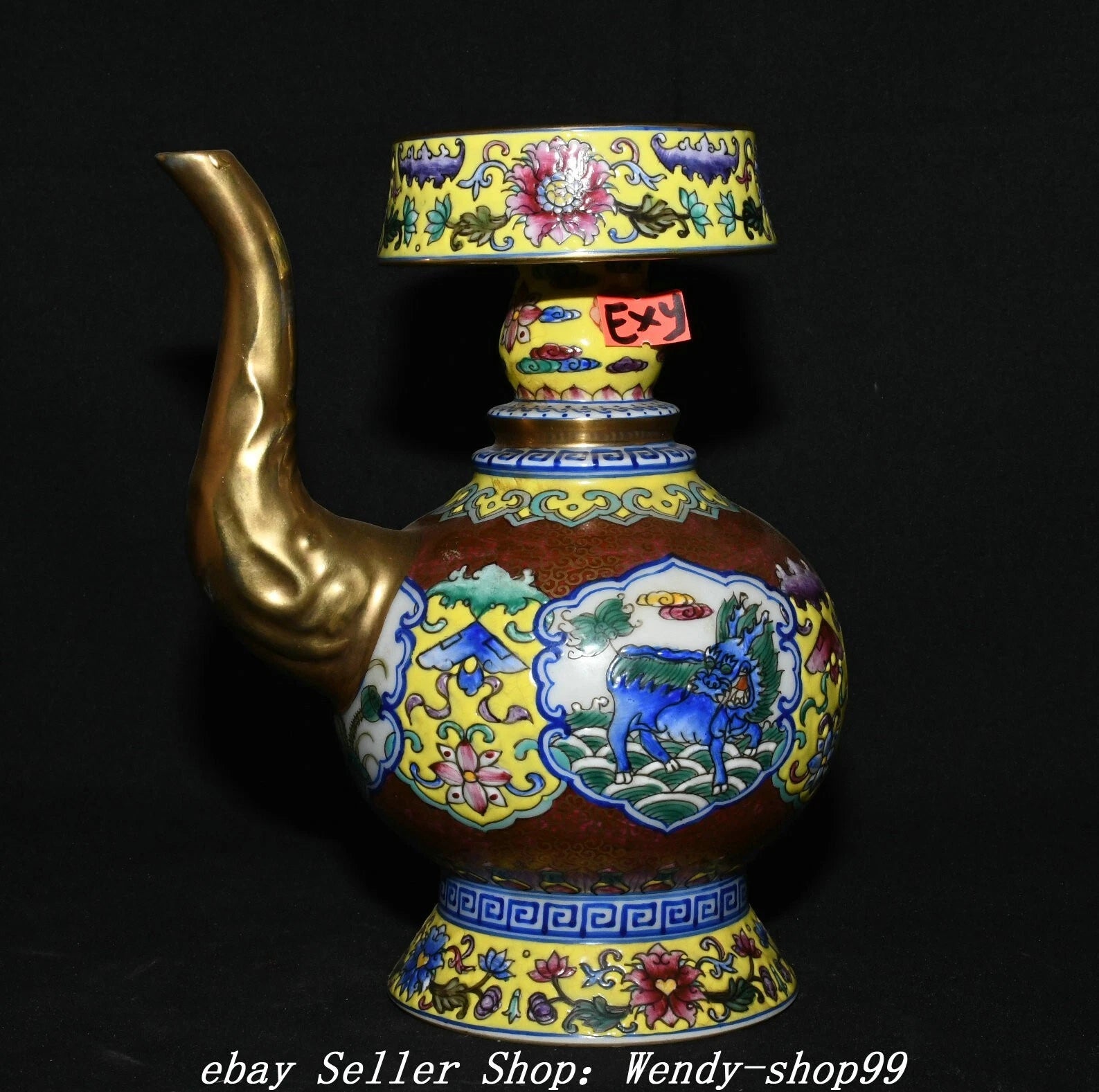 8" Qianlong Colour Enamel Porcelain Gilt Dragon Qilin Lotus Wine Tea Pot Flagon