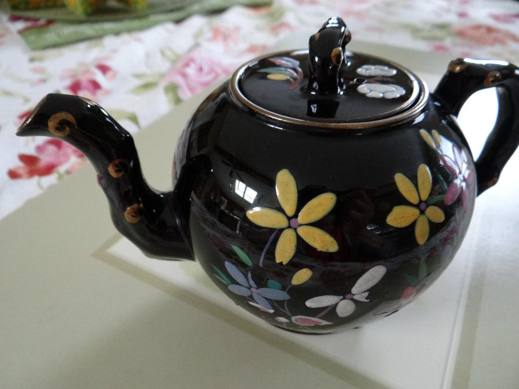Vintage Black Tea Pot Hand Painted Enameled Flowers England Red Clay | eBay