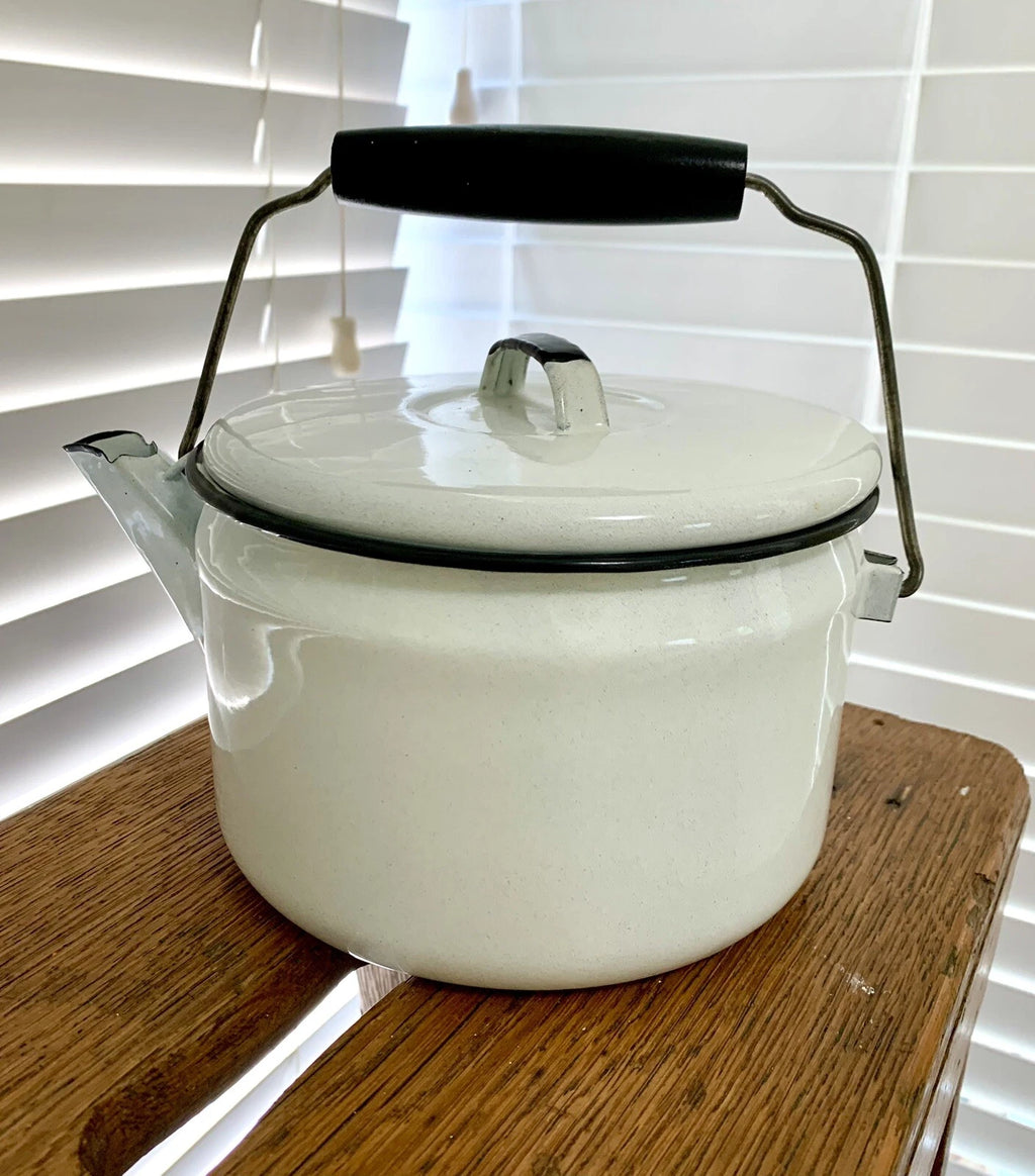 Vintage Coffee/Teapot Enamel Graniteware Wooden Handle Primitive Farmhouse | eBay