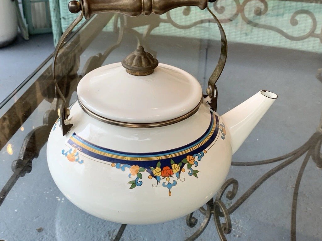 Vintage Lincoware Off White Enamel Metal Flower Motif Teapot Kettle Brass Handle