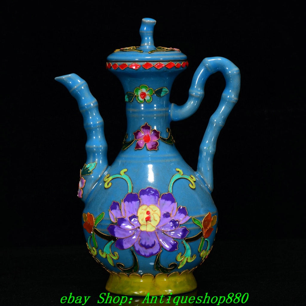 Old Dynasty Ru Kiln Porcelain Cloisonne Enamel Filigree Flower Teapot Teakettle