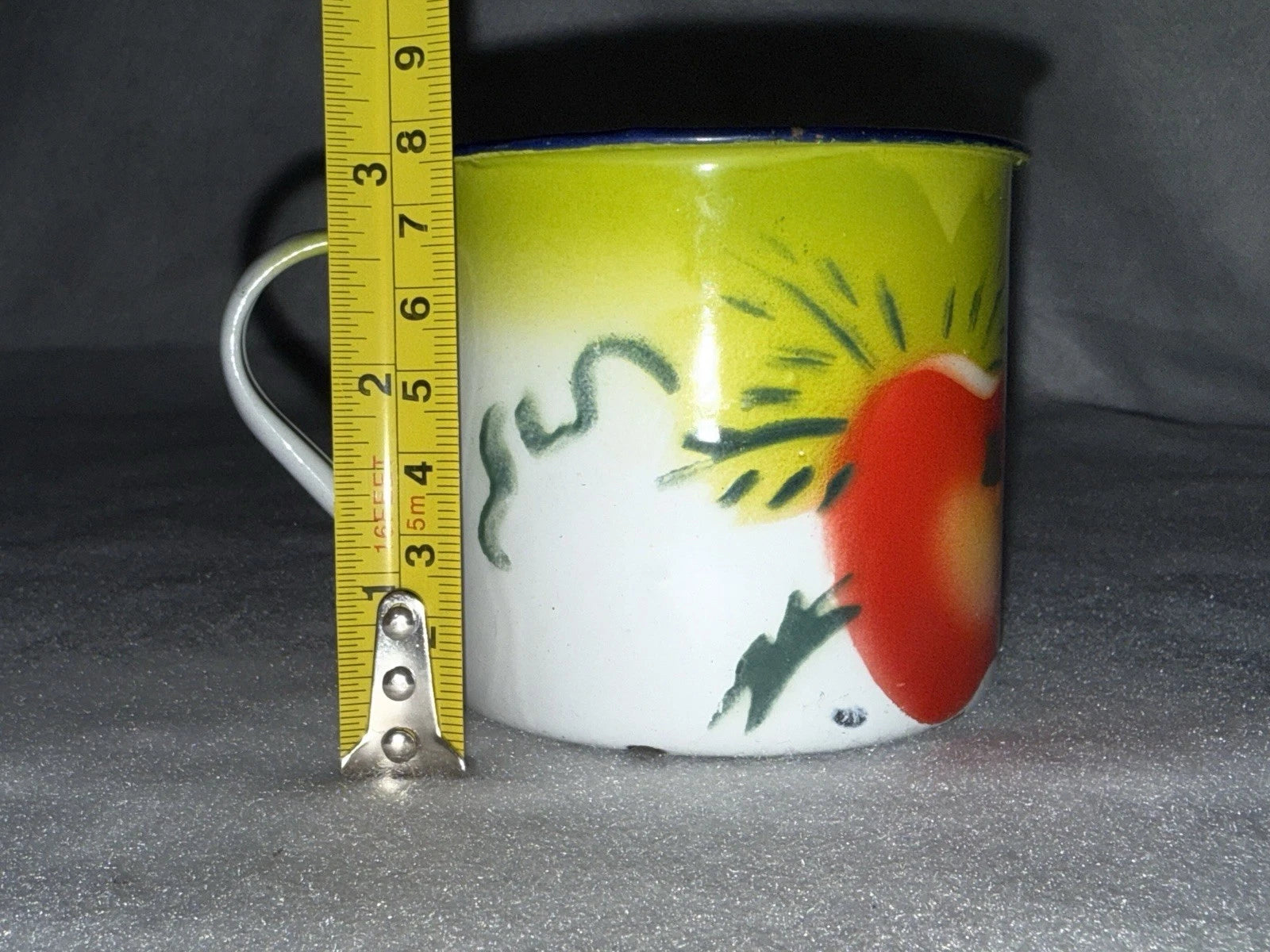 Vintage Enamel Ware Harvest Fruit Design Teapot and 6 Cups