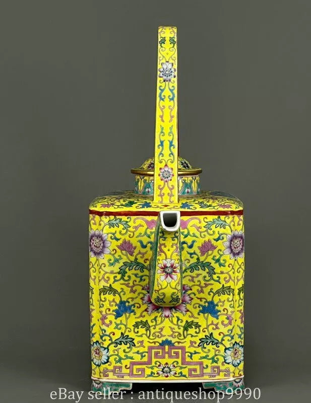 16.4" Yongzheng Marked Colour Enamel Porcelain Yellow Flower Wine Tea Pot Flagon
