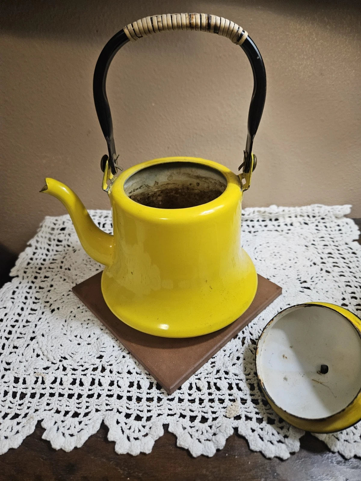 Vintage Enamelware Yellow Black Trim Tea Pot Coffee Pot