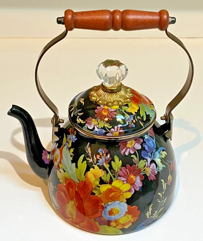 MacKenzie Childs Black Flower Market 2 Quart Enamel Teapot Kettle - EUC