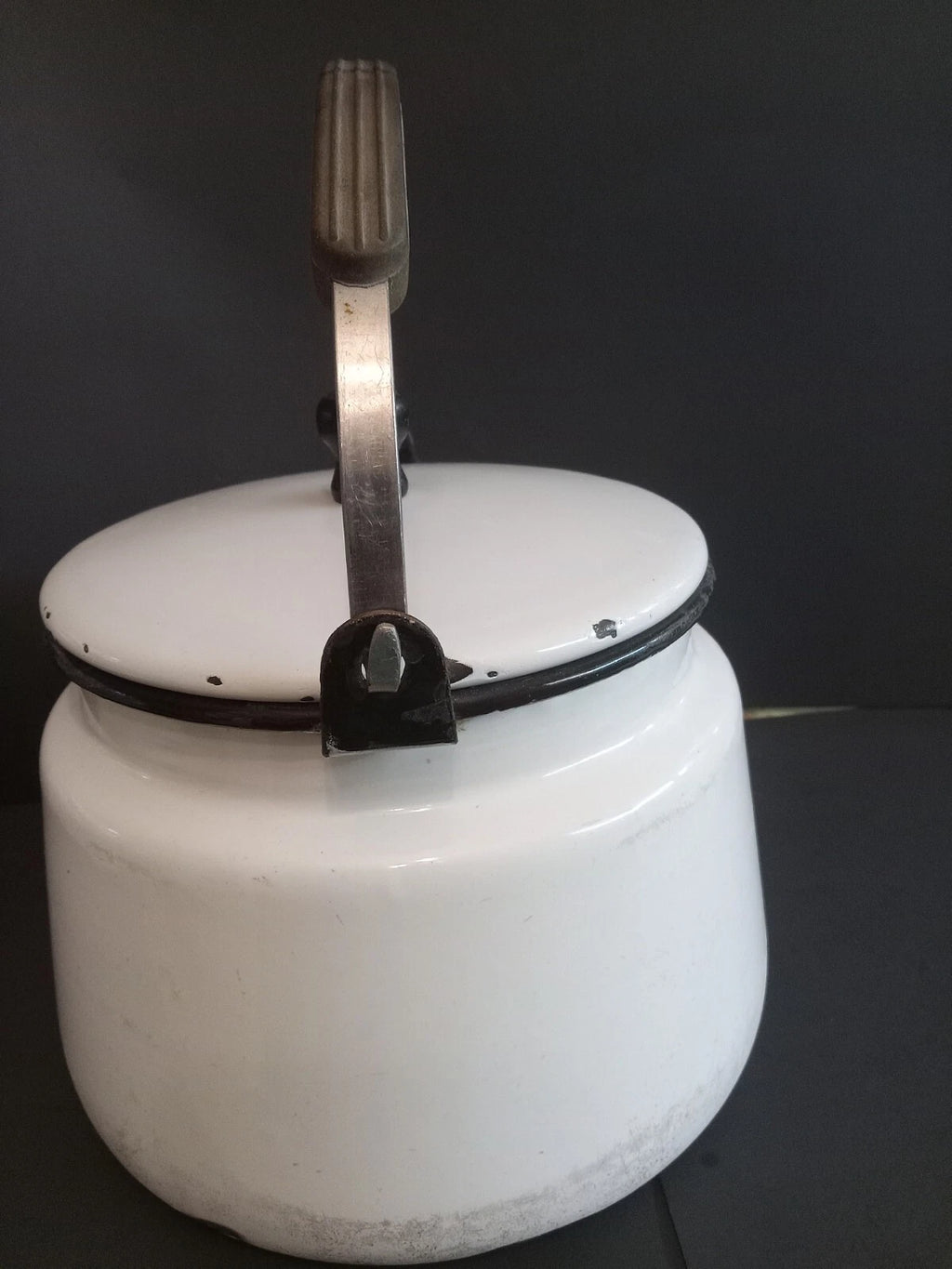 Vintage White Enamelware Tea Kettle Teapot/ Black Trim